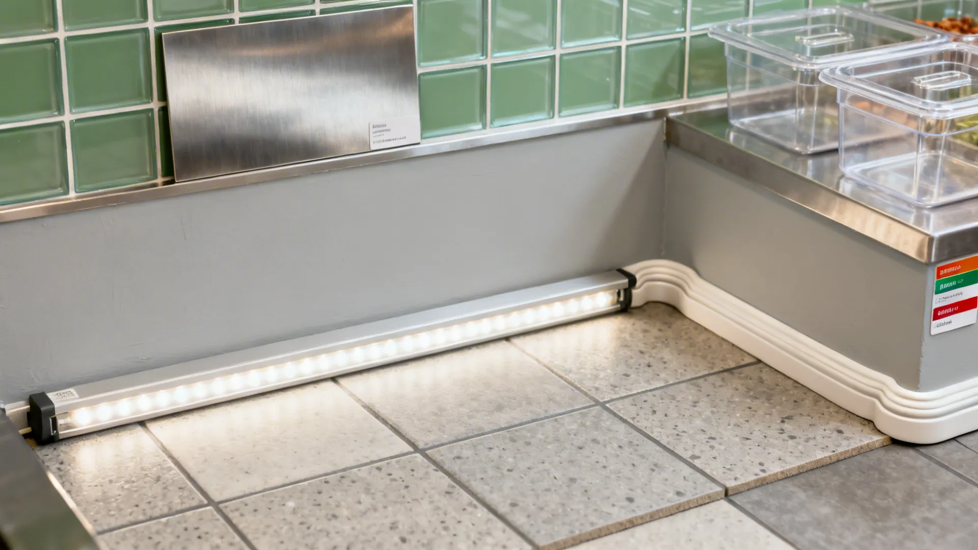 Flatlay of stainless, glass splashback, matte paint, floor tile, LED diffuser, and labeled clear bins.