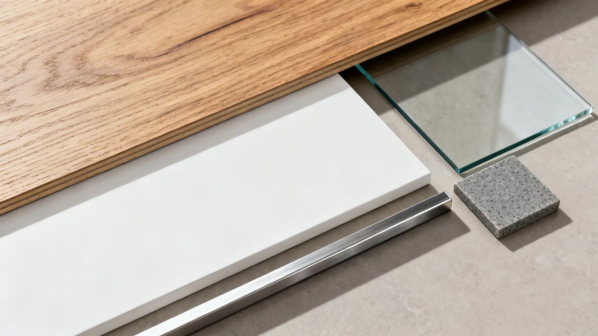 Flat lay of oak, matte white lacquer, low-iron glass, brushed aluminum, and quartz samples.
