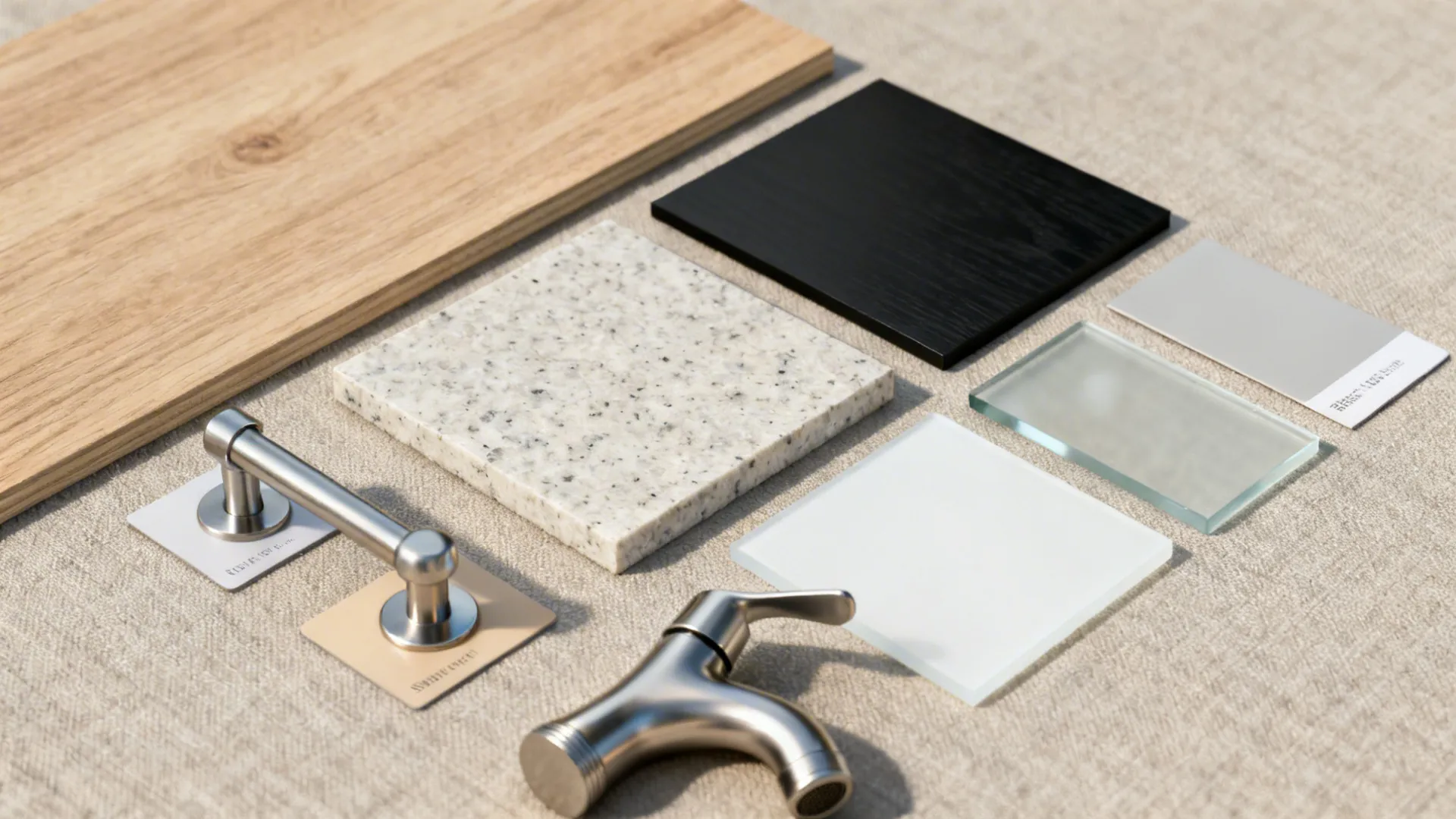 Kitchen material samples including wood plank stone tile glass pieces metal handle and water tap