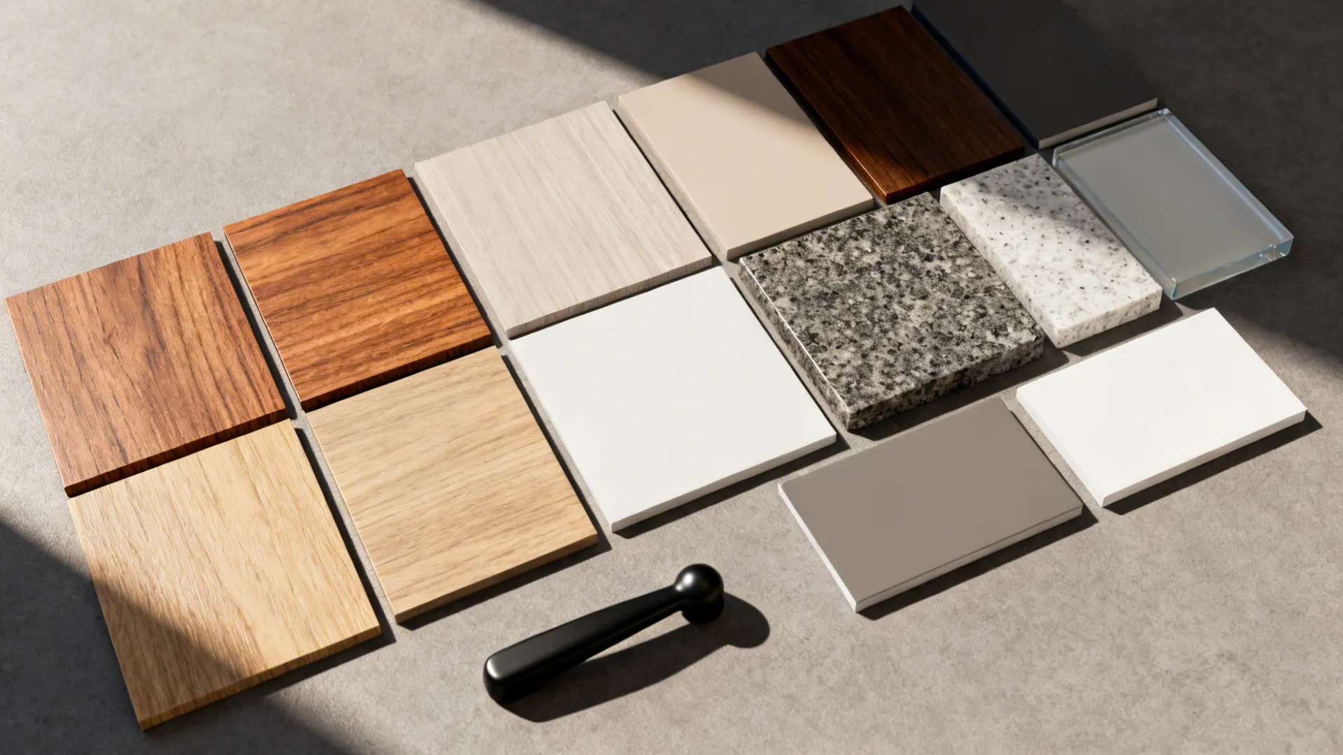 Flat lay of wood-look laminates, quartz and granite samples, and matte black hardware.