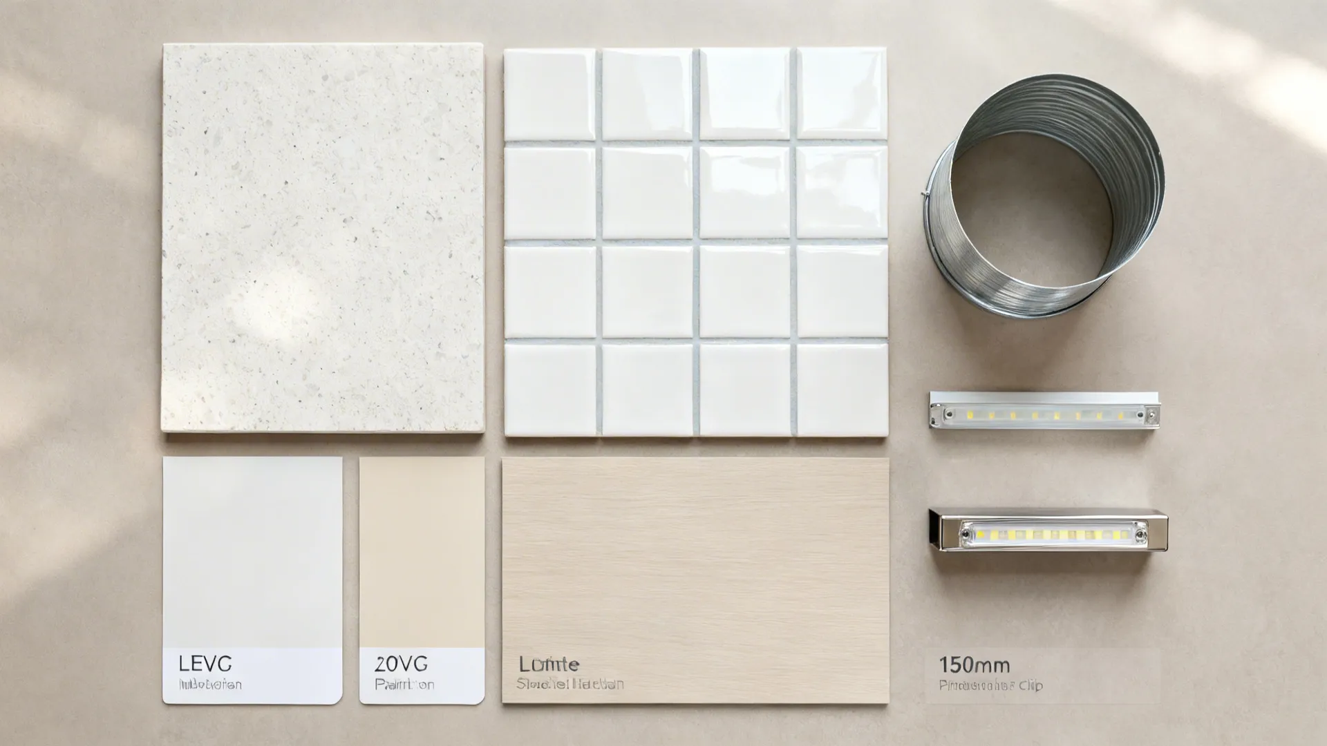 Flat lay of light quartz, glossy tiles, matte laminate, low-VOC paint, LED strip, and stainless samples.