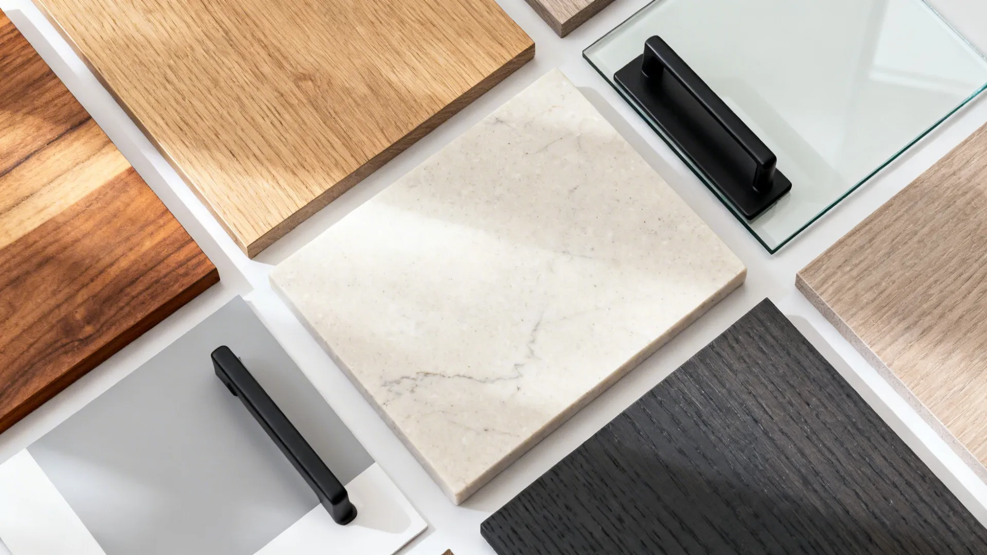 Kitchen material samples showing wood boards marble stone grey tiles glass and black cabinet door handles