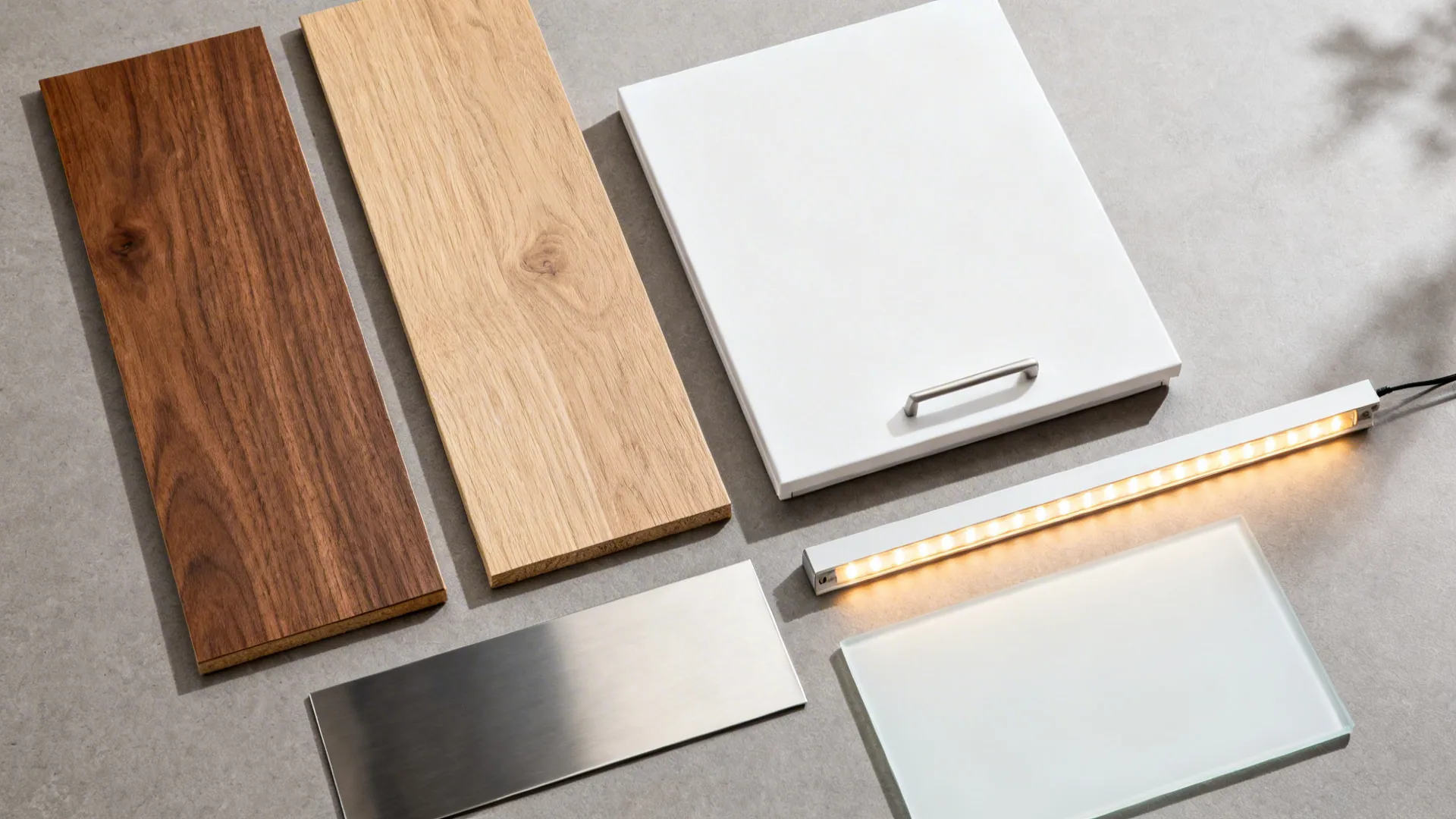 Flat lay of walnut veneer, light oak flooring, matte white cabinet front, stainless, and glass sample.