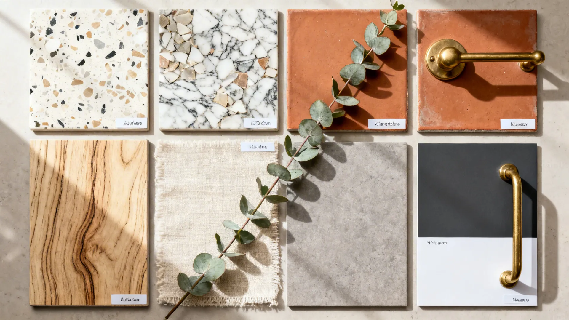 Top-down flat lay of terrazzo, oak, linen, terracotta, brass, and charcoal paint cards.
