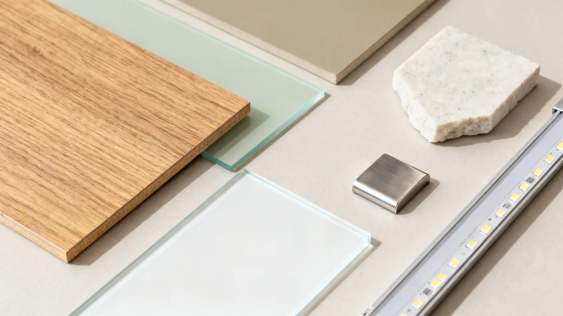 Flat lay of wood laminate, greige and sage swatches, low-iron glass, quartz, and stainless samples.