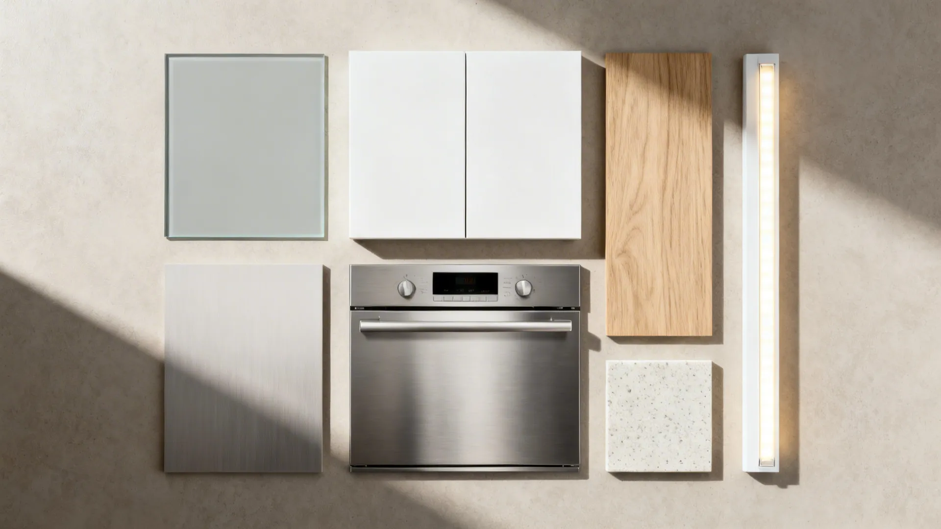 Flat lay of low-iron glass, matte white fronts, oak veneer, quartz, and LED samples.
