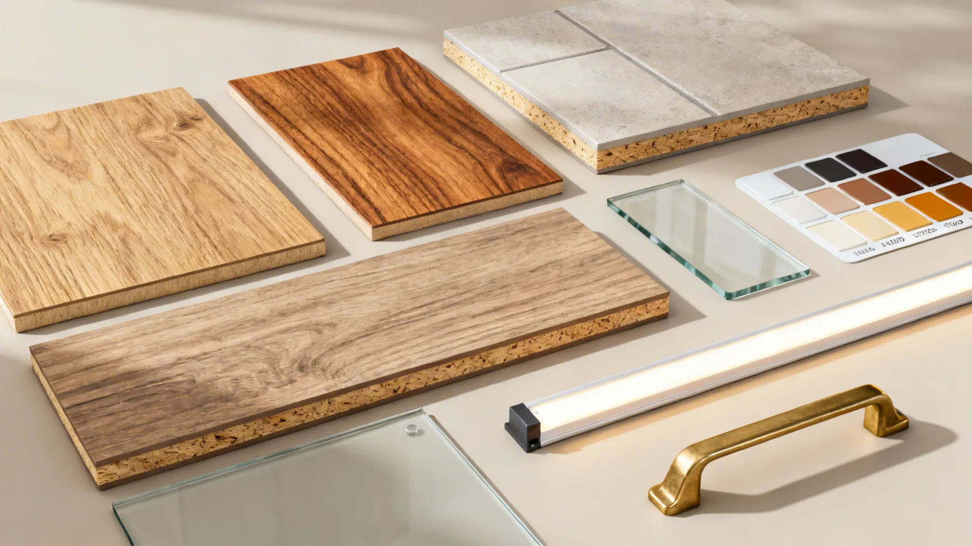 Flatlay of laminate, thermally modified wood, teak veneer, porcelain tile, glass, and LED strip.