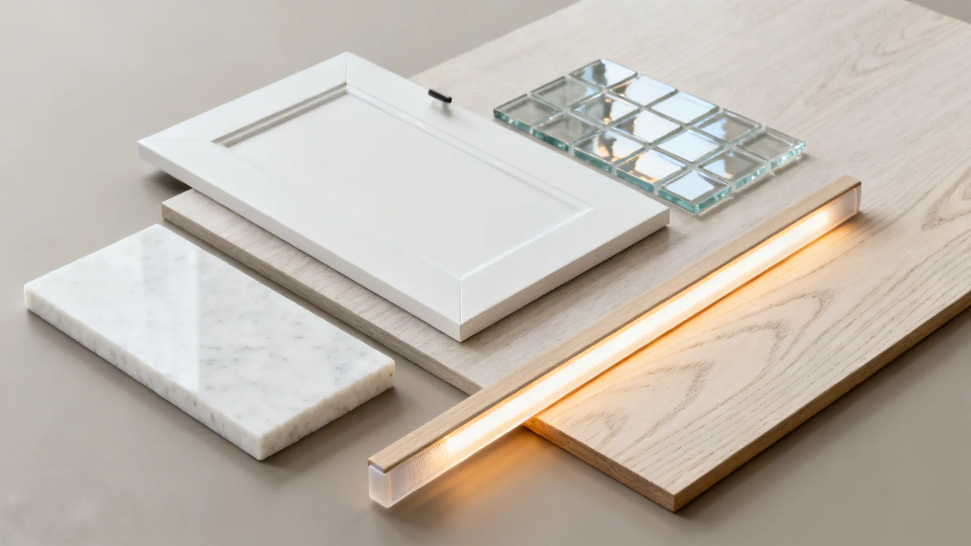 Flat lay with matte cabinet sample, glass, quartz, oak veneer, and warm LED strip.