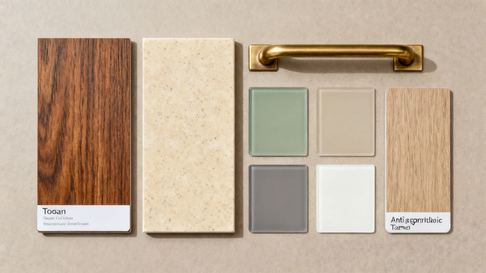 Flat lay of walnut laminate, beige quartz, satin glass chips, and brass hardware on a neutral surface.