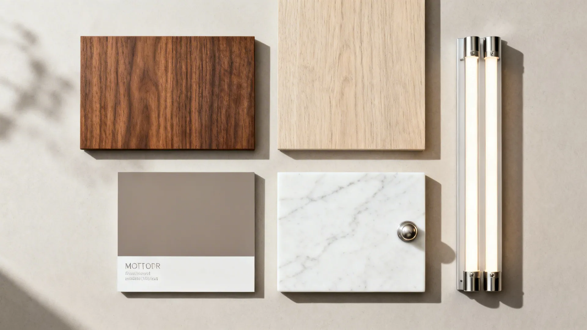 Flat-lay of wood veneers, matte gray lacquer, quartz, and hardware.