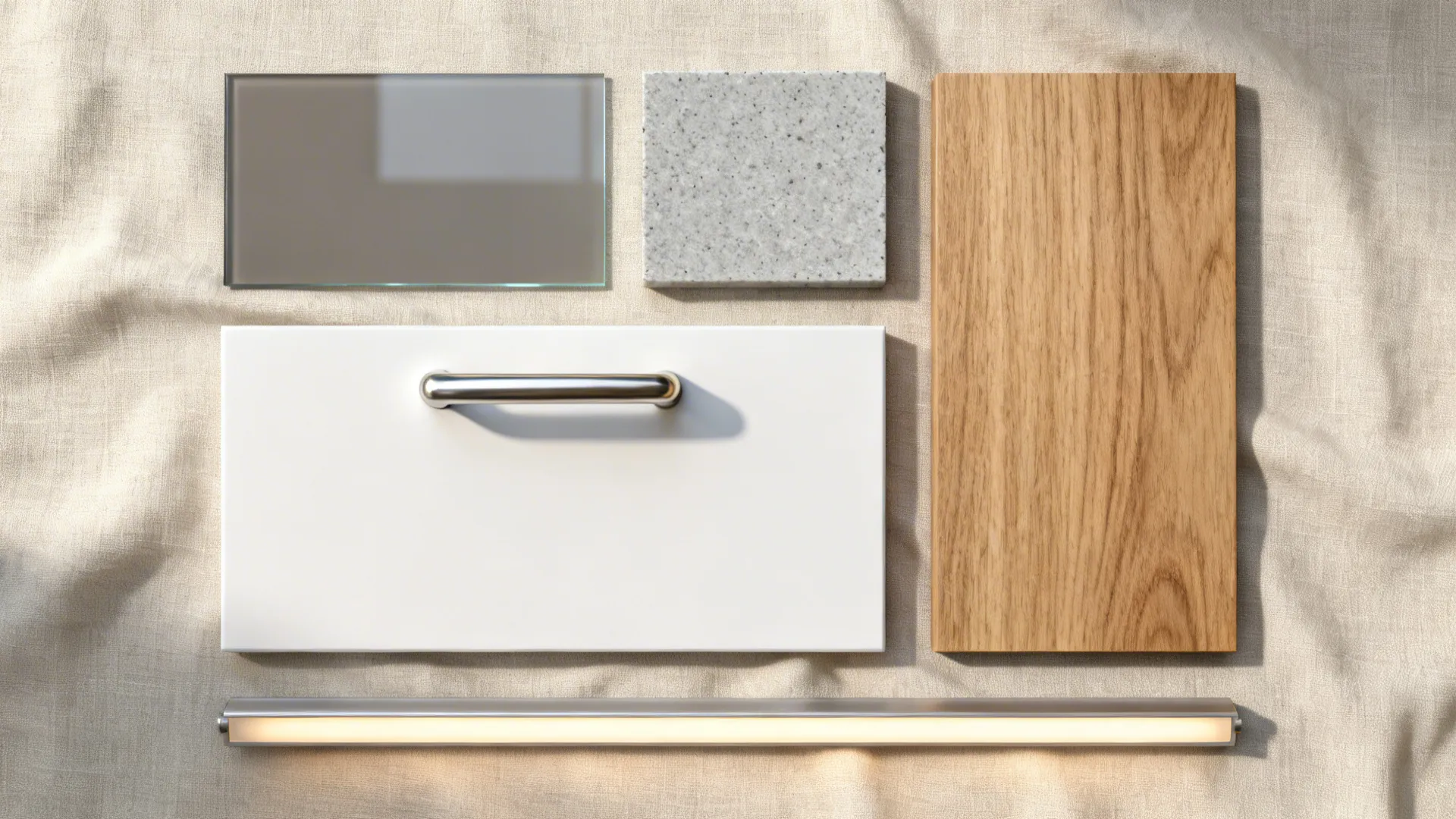 Top-down material board with glass, matte white laminate, quartz, nickel hardware, oak veneer, and warm LED strip.