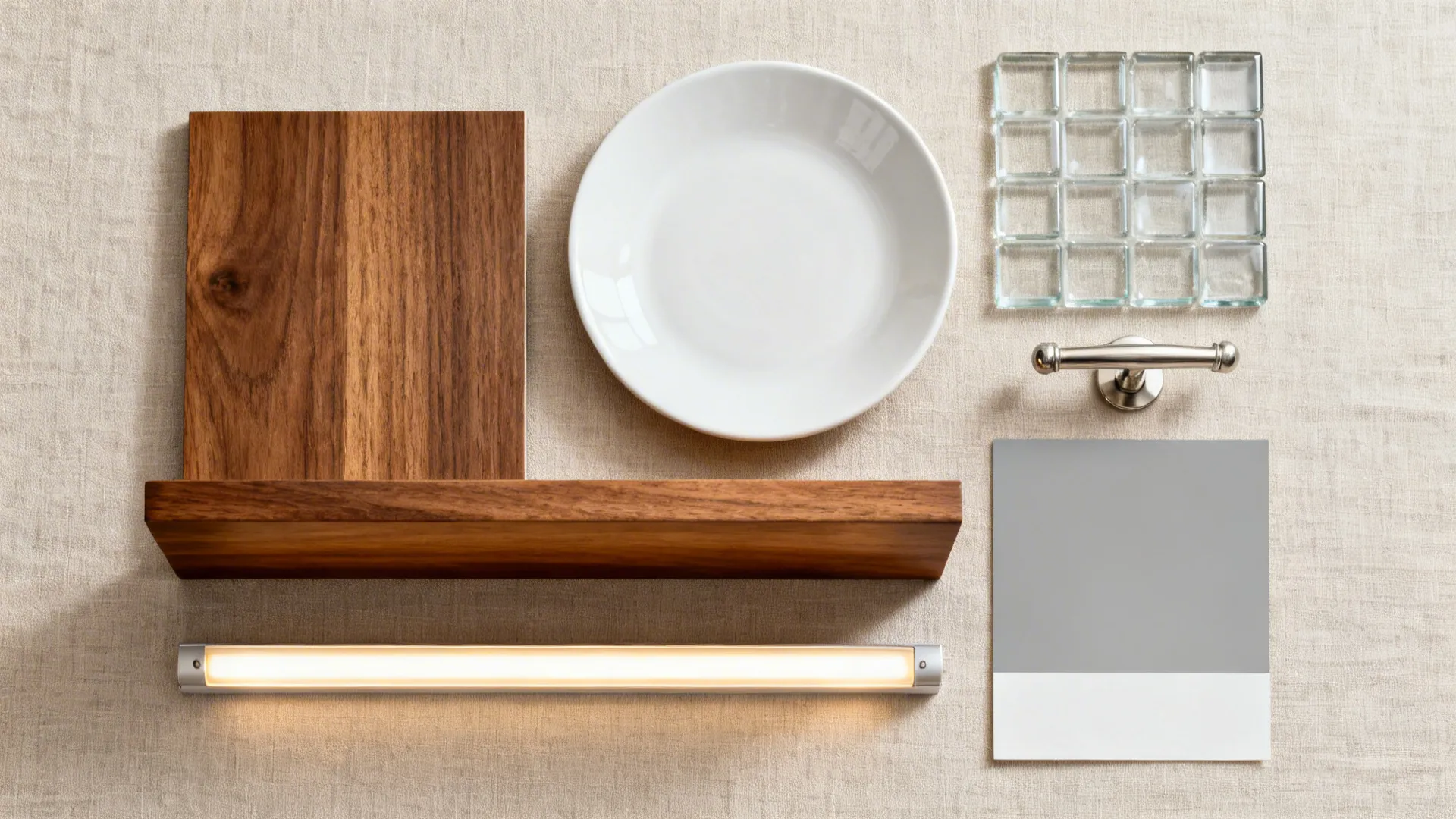 Flat lay of oak, matte white ceramic, low-iron glass, brushed nickel, LED strip, and soft gray paint.