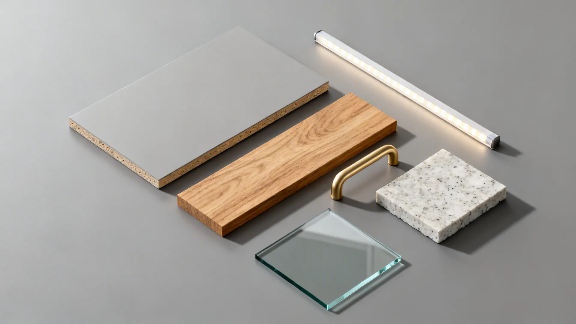 Flat lay of matte laminate, HDF core, oak veneer, quartz, glass, and hardware samples.