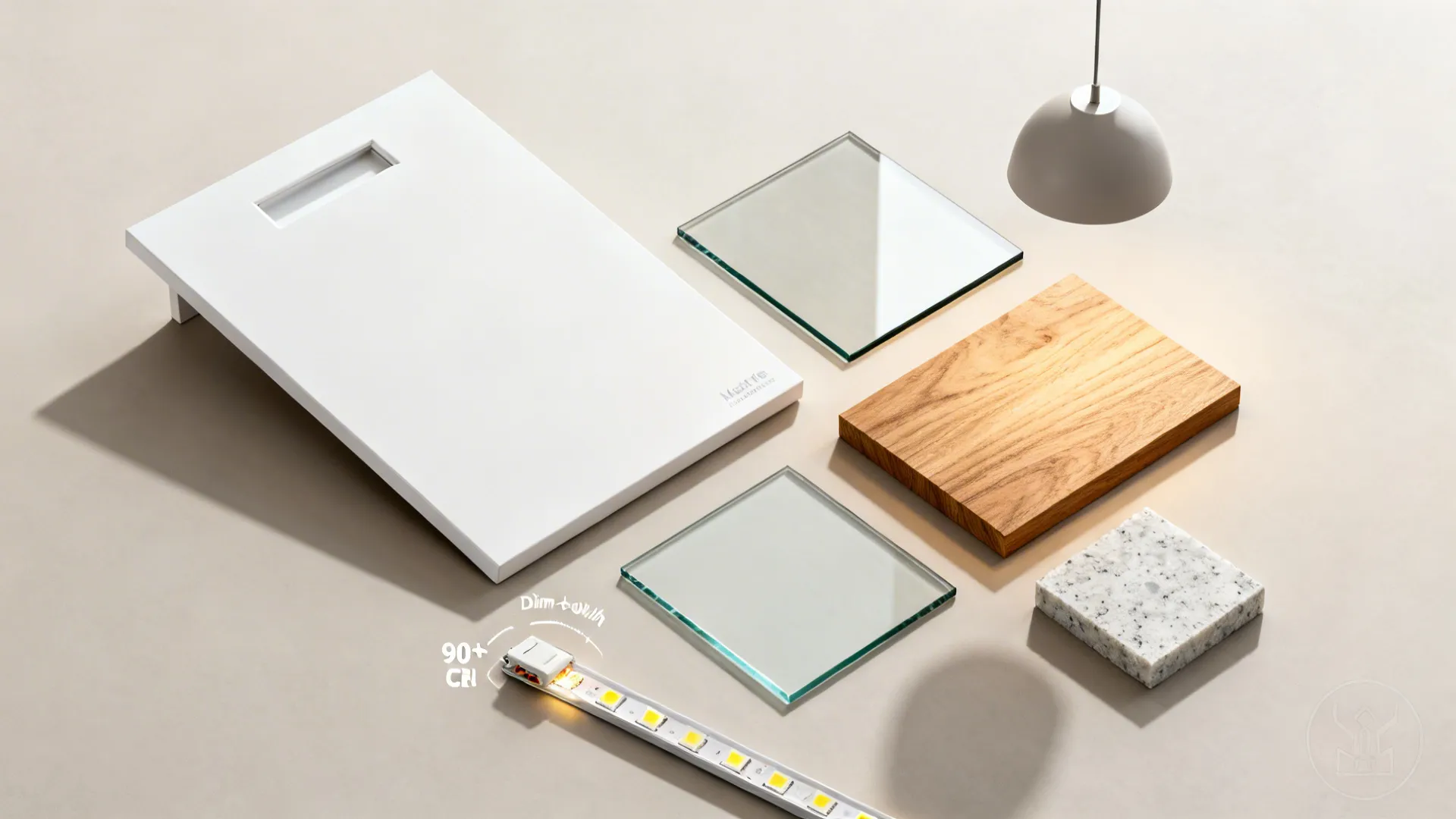 Flat lay of white cabinet, glass, oak, quartz, and high-CRI LED strip samples.