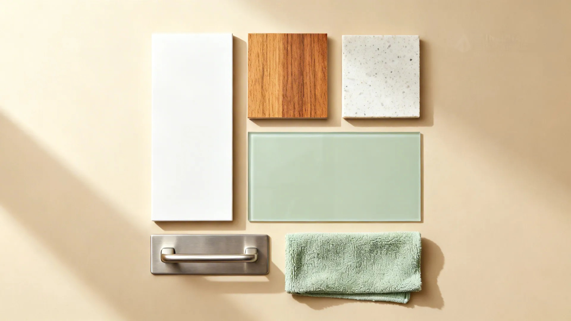 Flat lay of matte white, warm wood laminate, sage glass, light quartz, and brushed steel hardware.