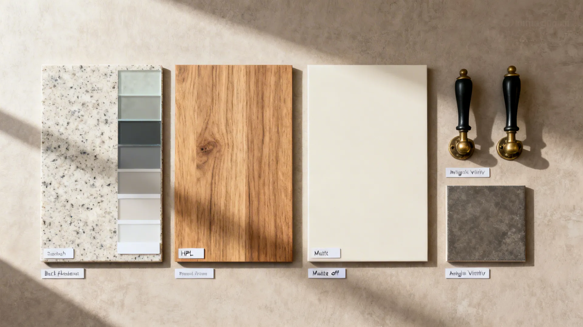 Flatlay of quartz, glass backsplash chip, wood-look laminate, and hardware for modular kitchens.