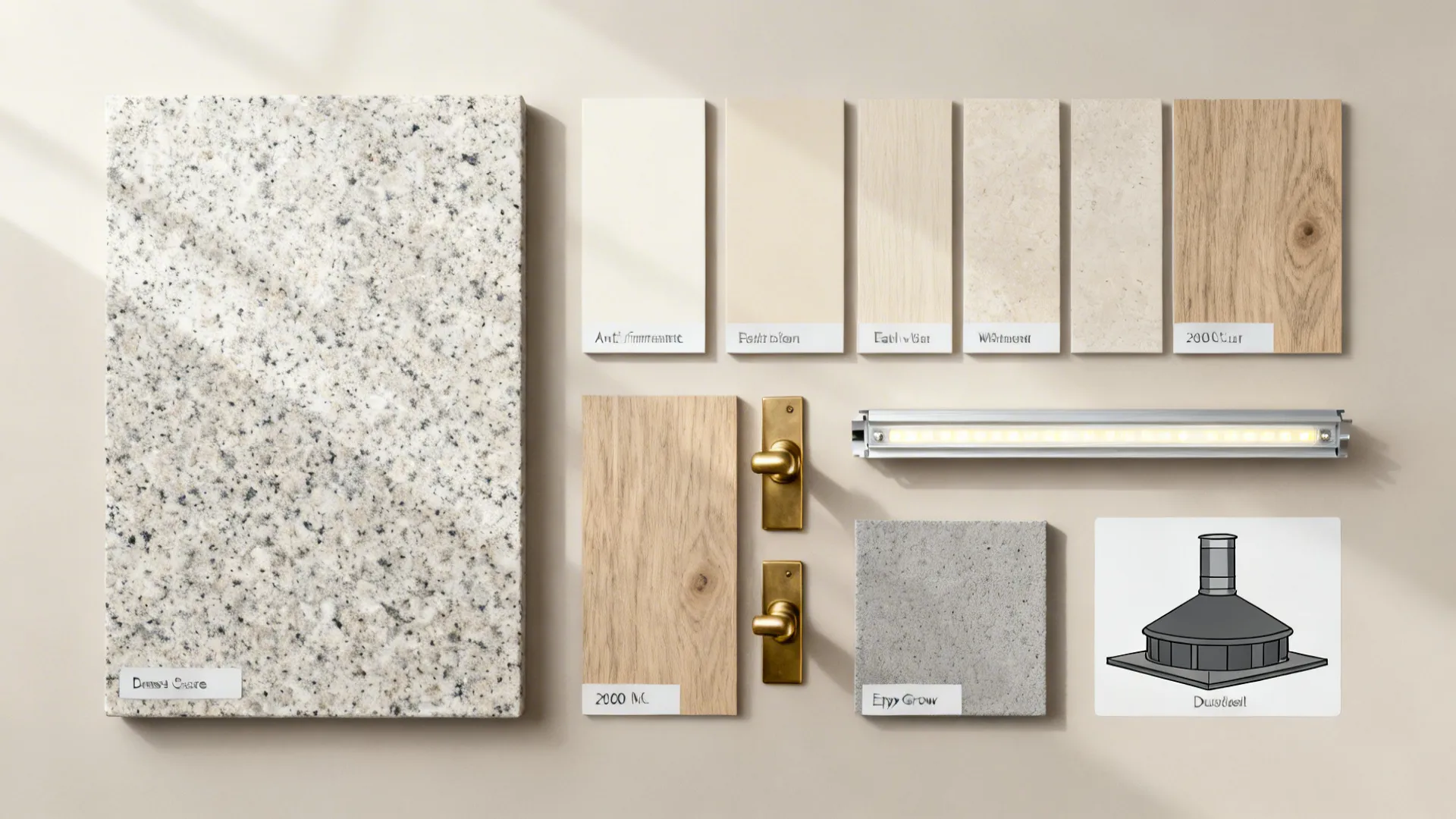 Kitchen material flat lay with marble, wood samples, gold handles, light fixture, and paint swatches