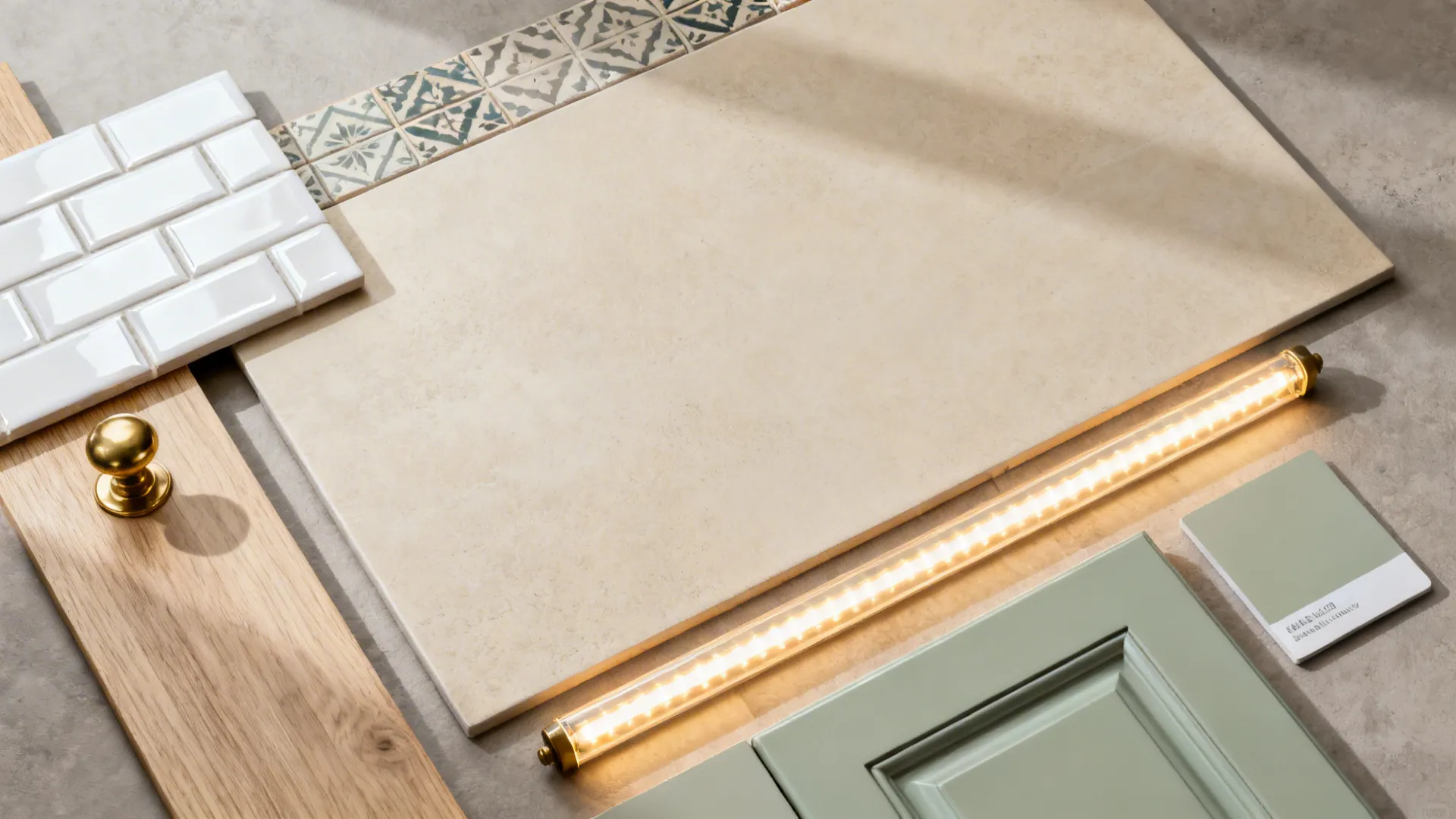 Flatlay of glossy subway, matte porcelain, patterned accent, wood-look tile, sage swatch, and brass knob.