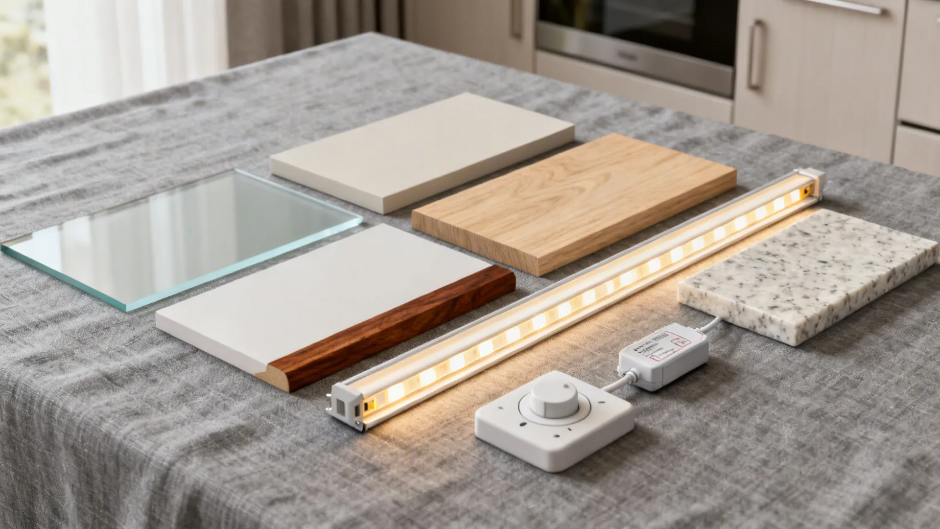 Flat lay of glass backsplash, matte cabinet sample, oak, walnut, quartz, and LED strip with diffuser.
