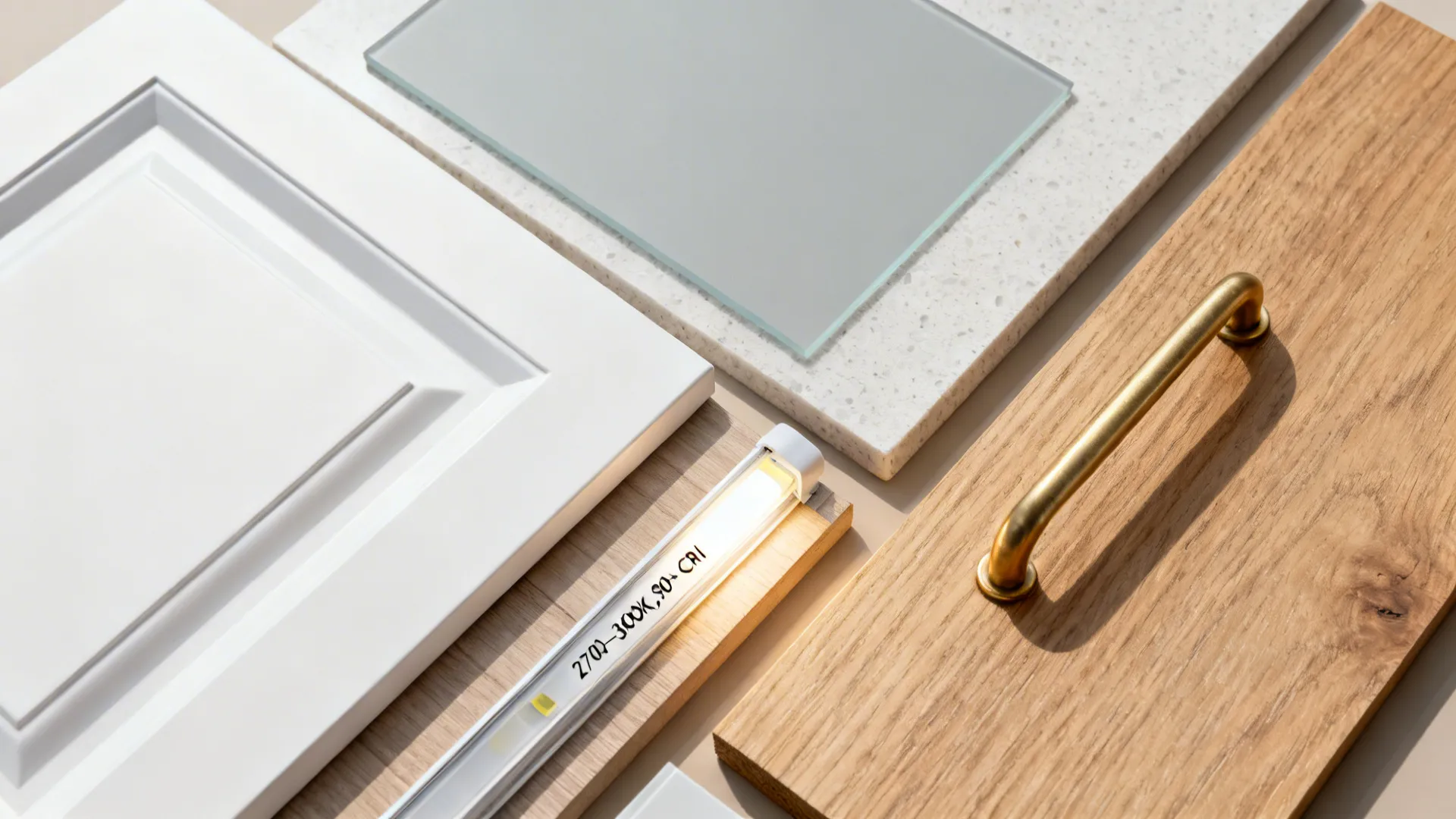Flat lay of matte white cabinet, gray glass, quartz, oak, brass hardware, and warm LED strip.