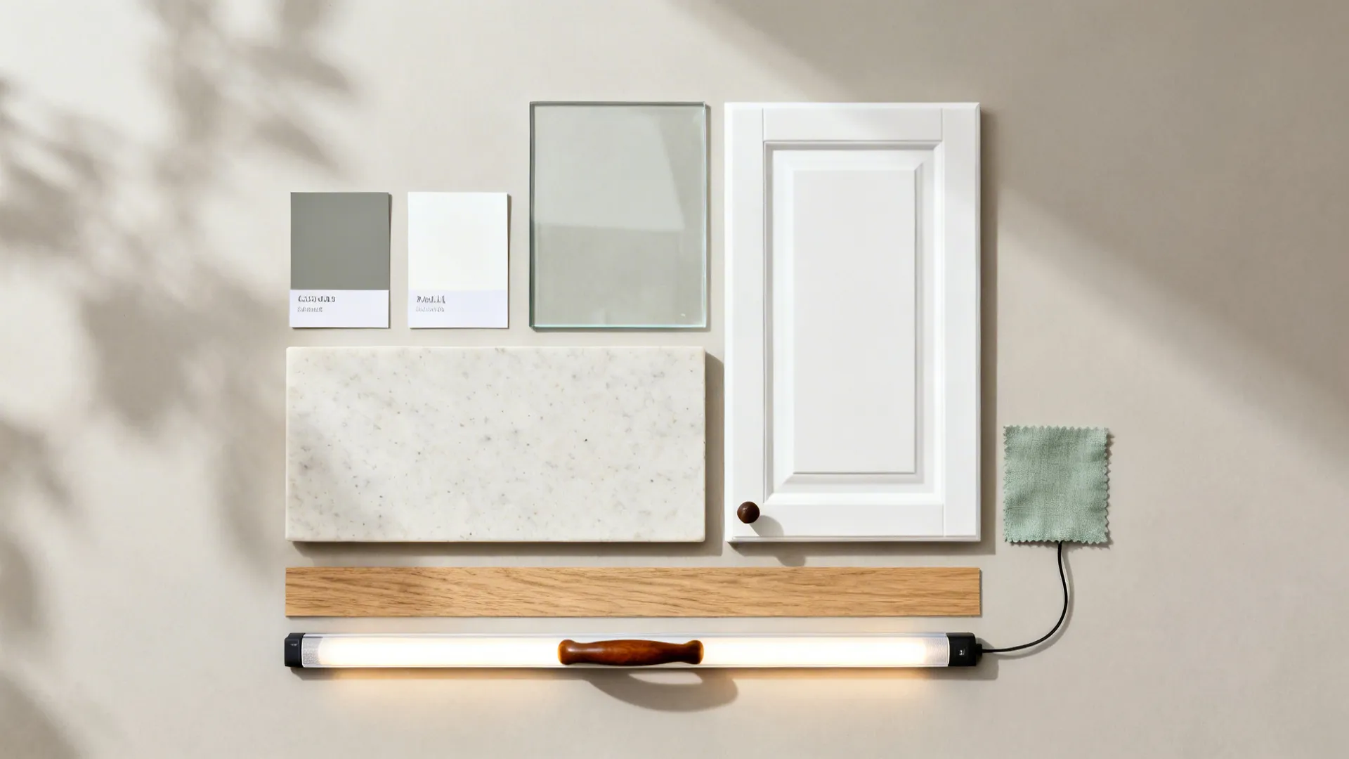 Flat lay with greige paint swatches, glass sample, quartz, oak, walnut, and LED strip.