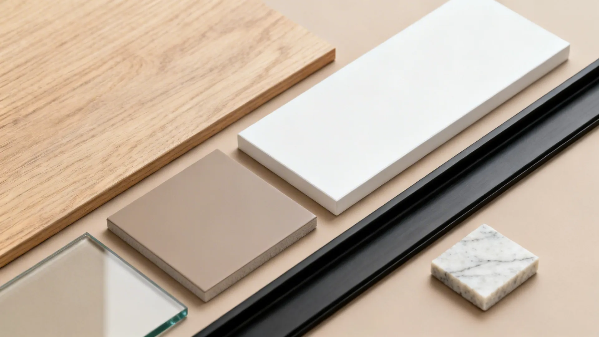 Flat lay of ash veneer, matte white laminate, taupe paint, low-iron glass, and quartz samples.