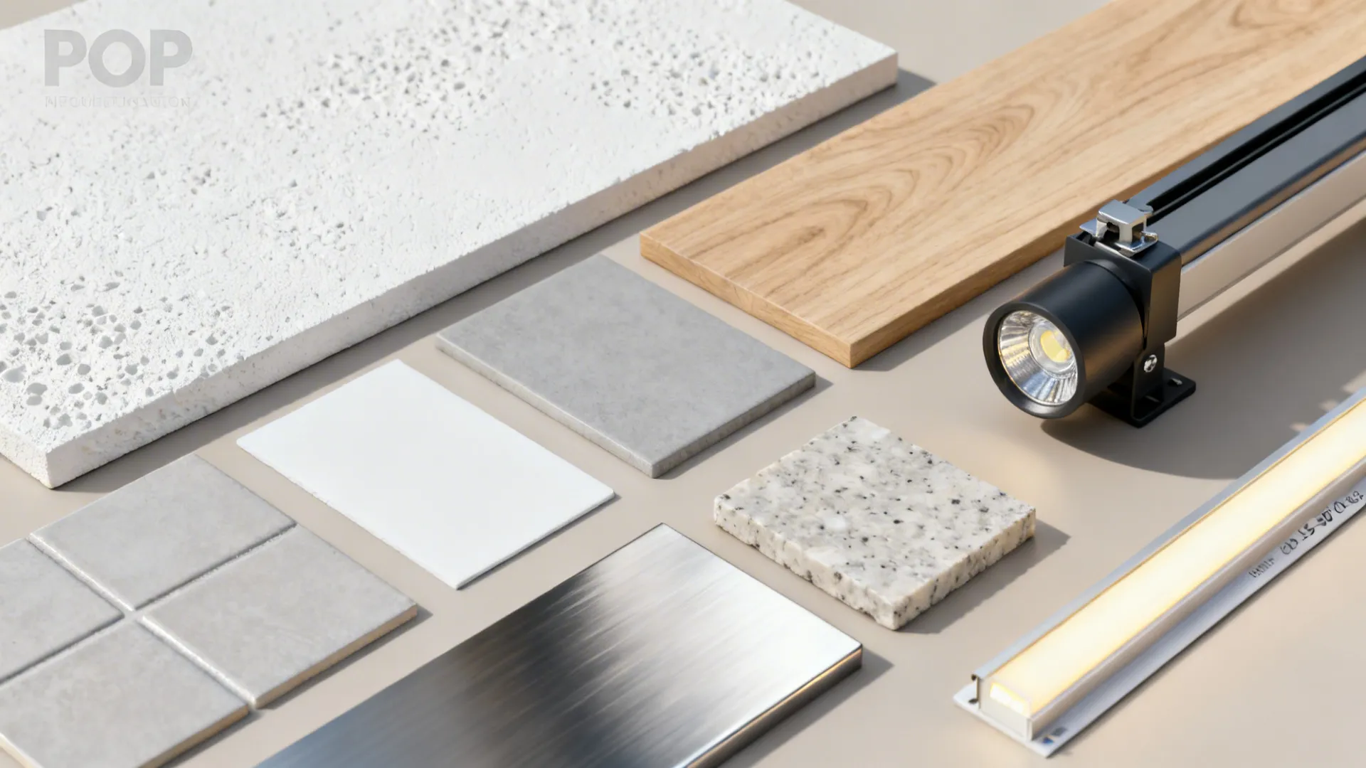 Flatlay of POP micro-texture sample, paint chips, wood, quartz, metal, and LED lighting parts.