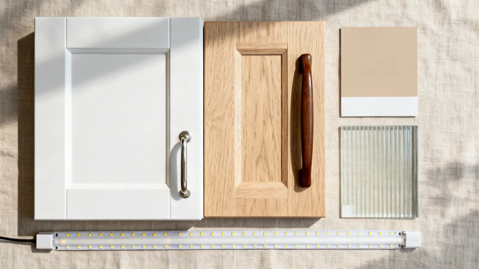 Flat lay of matte white cabinet finish, oak veneer, walnut pull, brushed nickel hardware, and reeded glass sample.