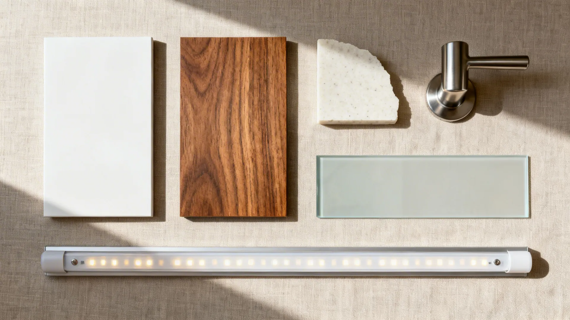 Flatlay of matte white, walnut veneer, light quartz, low-iron glass, and brushed hardware under soft light.