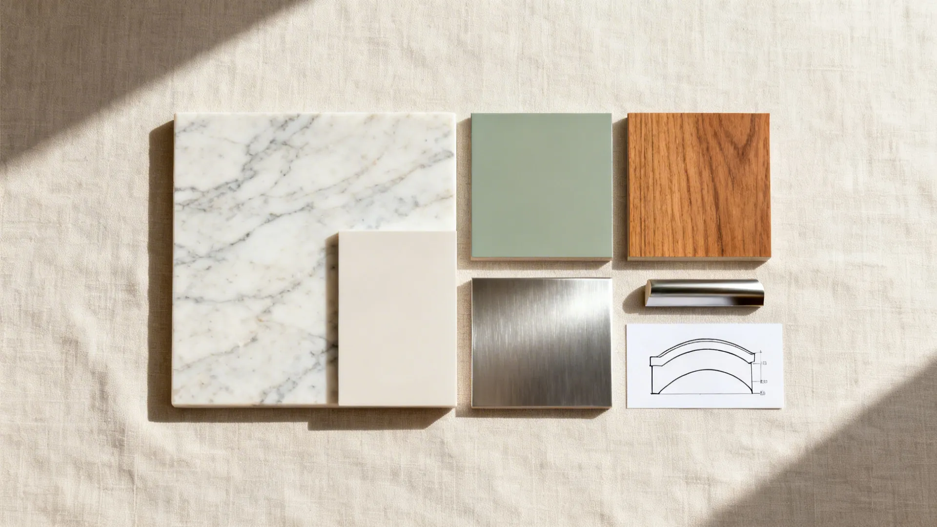 Top-down flat lay of quartz, solid surface, cabinet paint, wood, and metal samples.