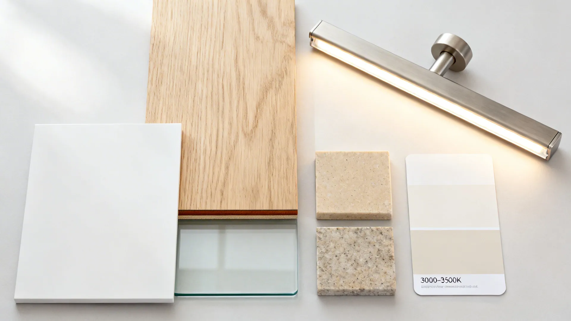 Flat-lay of matte white, light oak, low-iron glass, stone, and hardware samples.