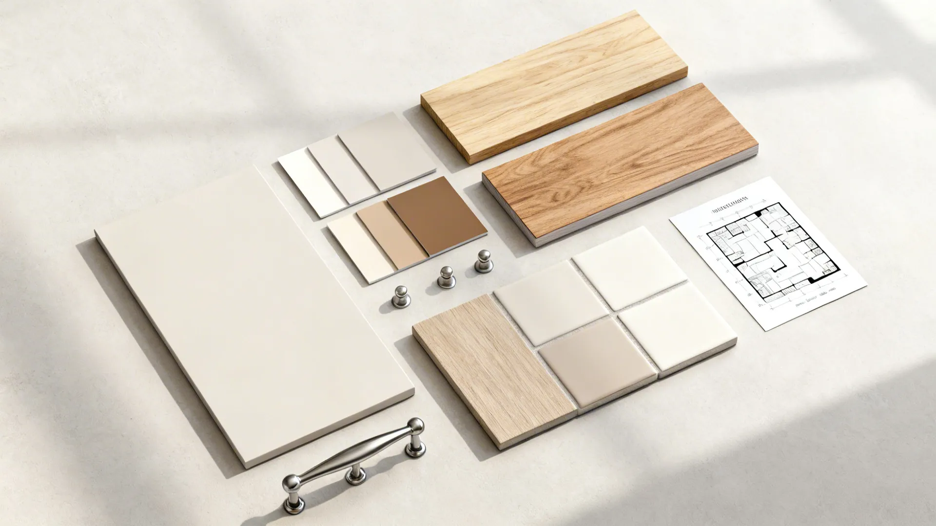 Flatlay of light neutral paint swatches, wood veneer, hardware samples and a small floorplan for a compact kitchen