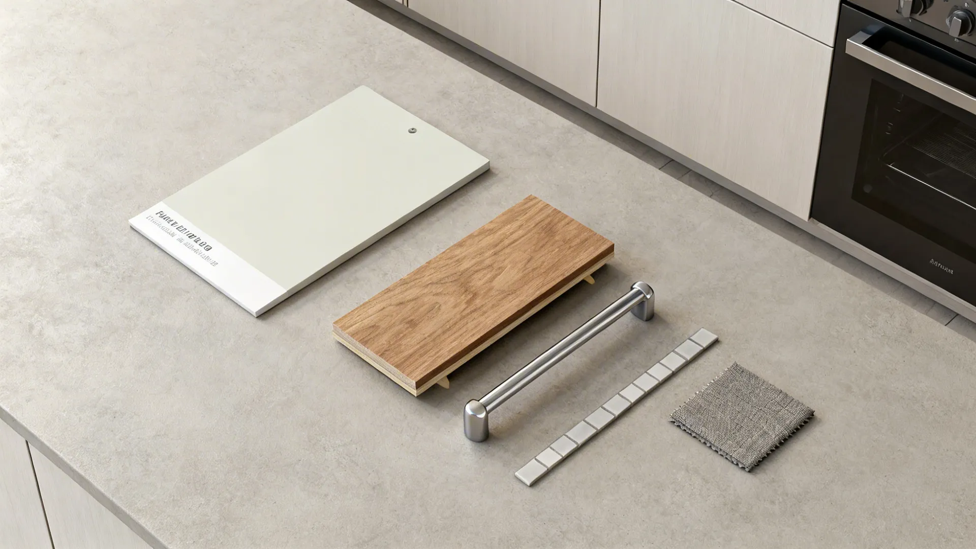 Material flatlay with paint, wood, tile and hardware samples for a small kitchen concept