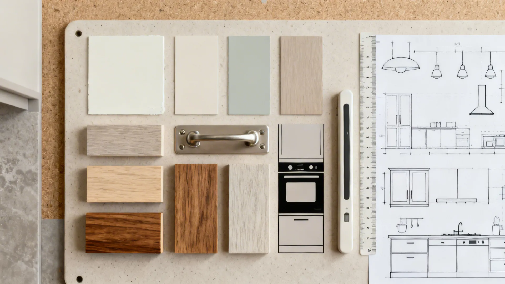 Top-down material flatlay showing swatches, hardware and lighting plan for a small kitchen.