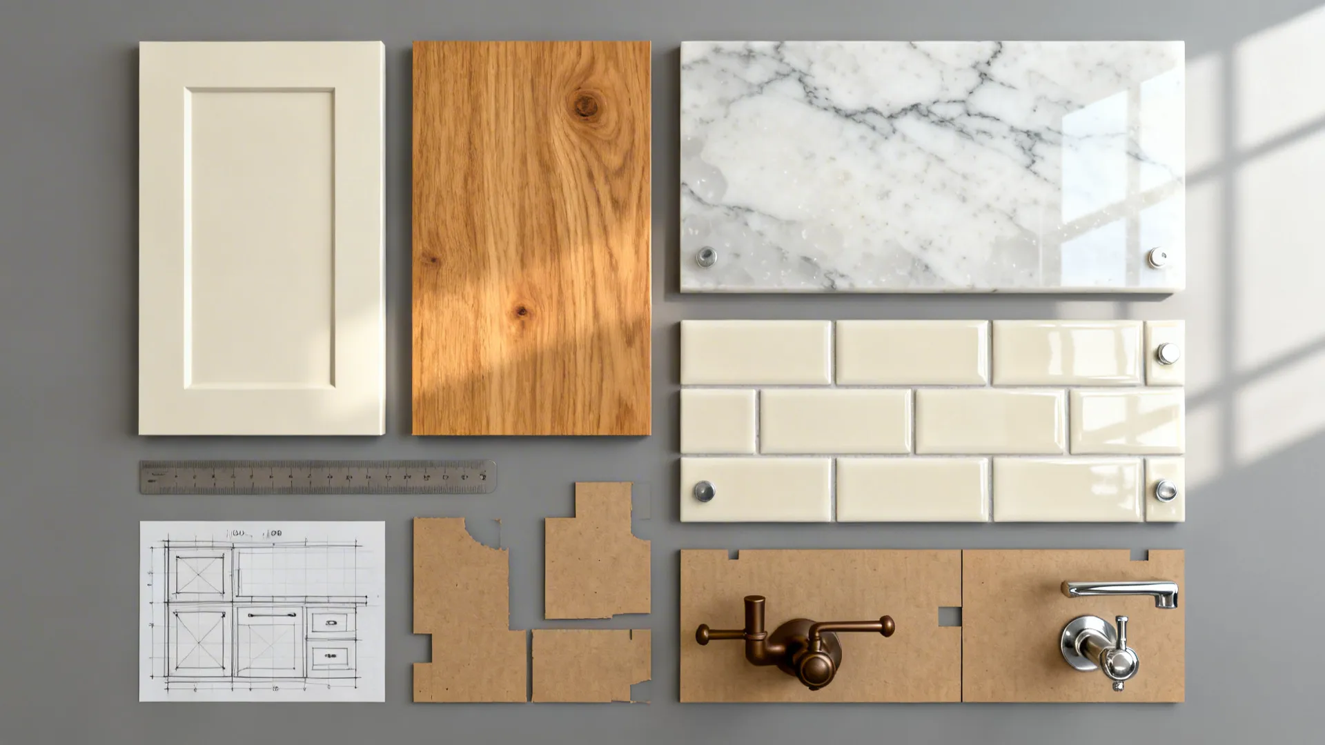 Top-down material flatlay showing cabinet, countertop, tile swatches and a cardboard mockup for a small kitchen