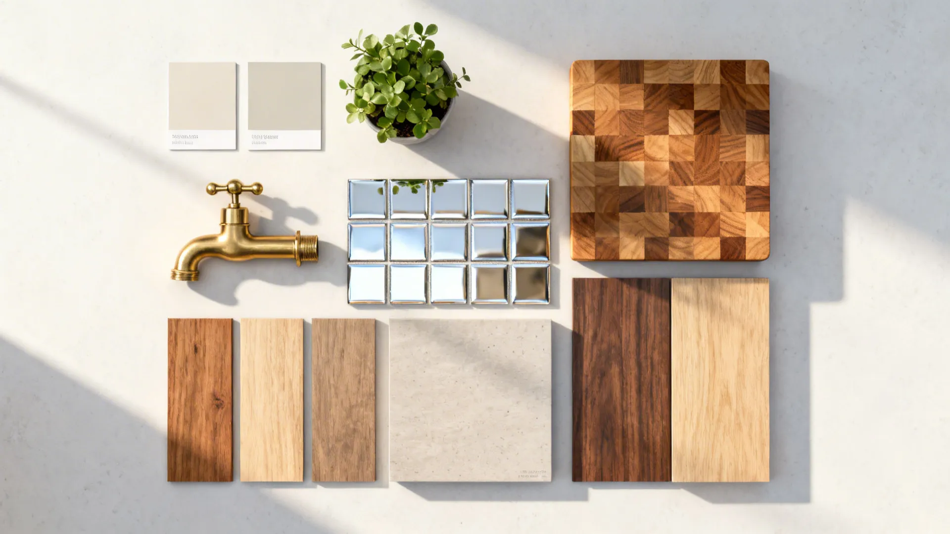 Top-down mood board of material samples for a small kitchen including wood, tile, and paint samples