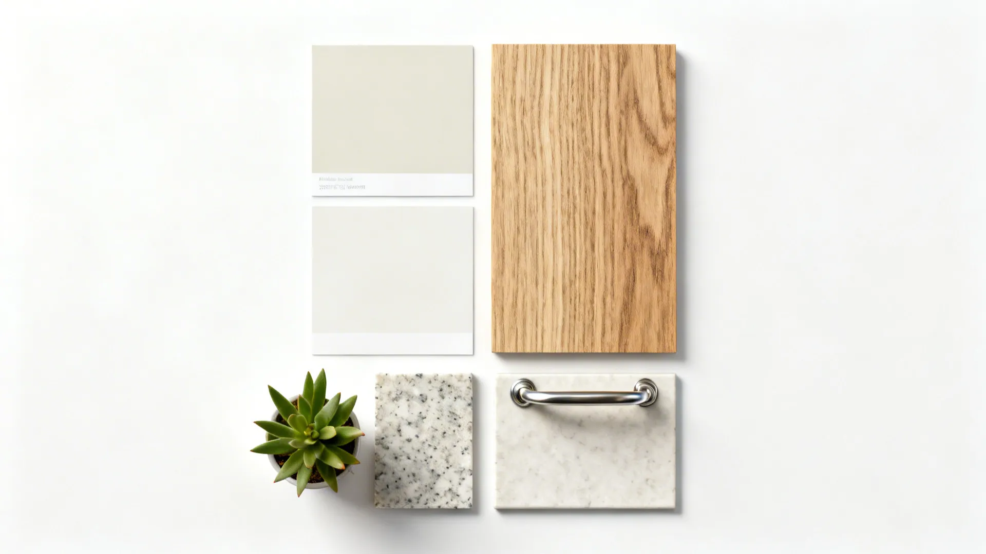 Flatlay of paint, wood, quartz and hardware samples for a small kitchen refresh.