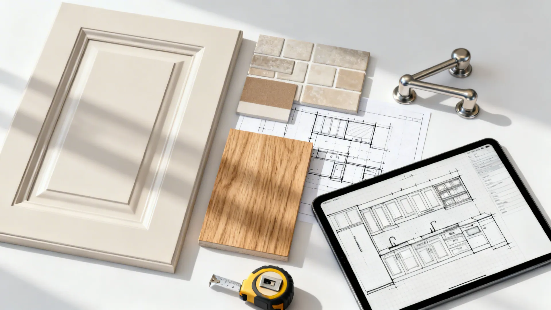 Flatlay of finish samples, hardware, tape measure and a tablet with a kitchen layout planner for small kitchen planning.