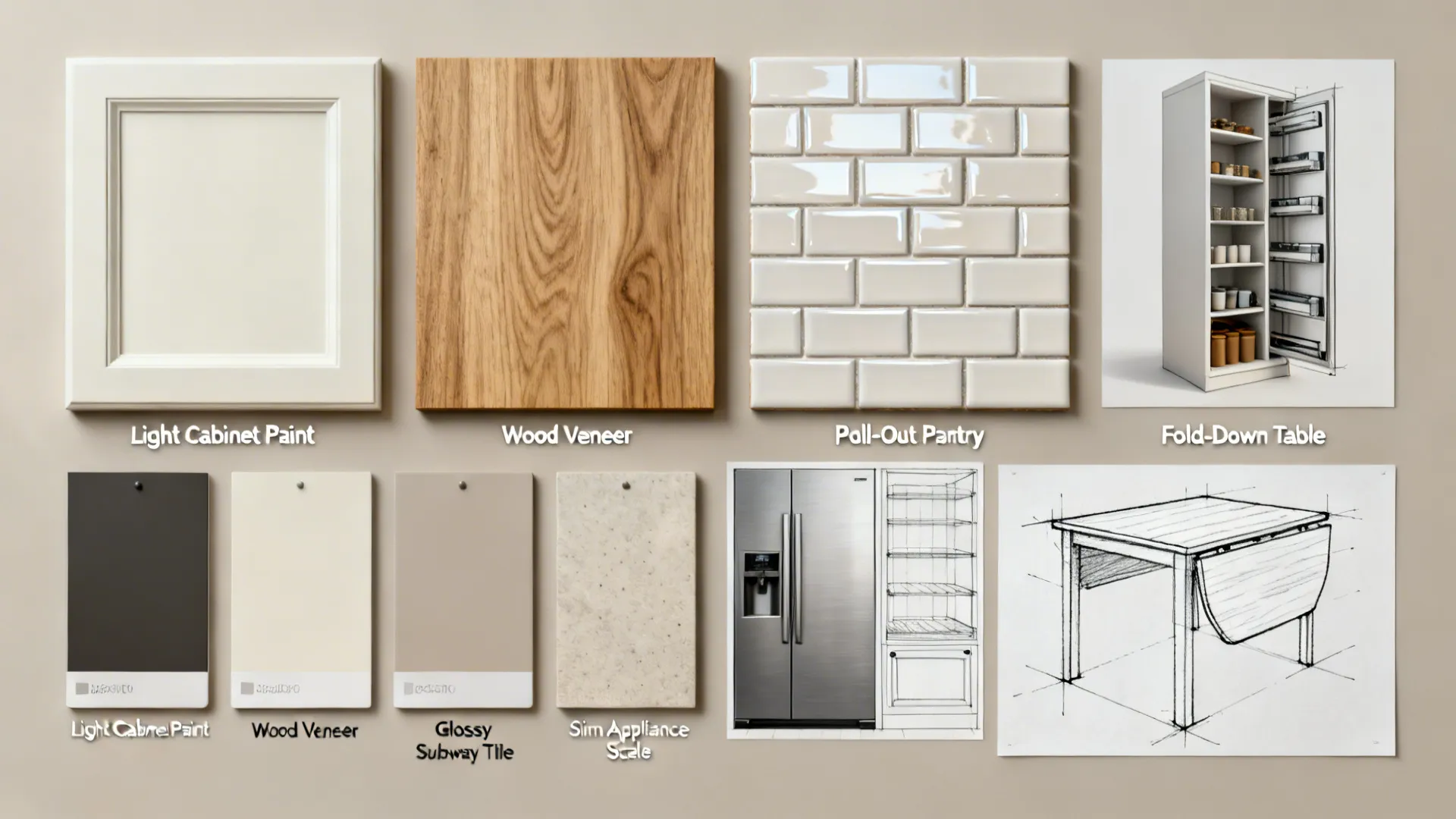 Material flatlay of paint swatches, tile, wood veneer and slim appliance mockups for a small-kitchen plan.