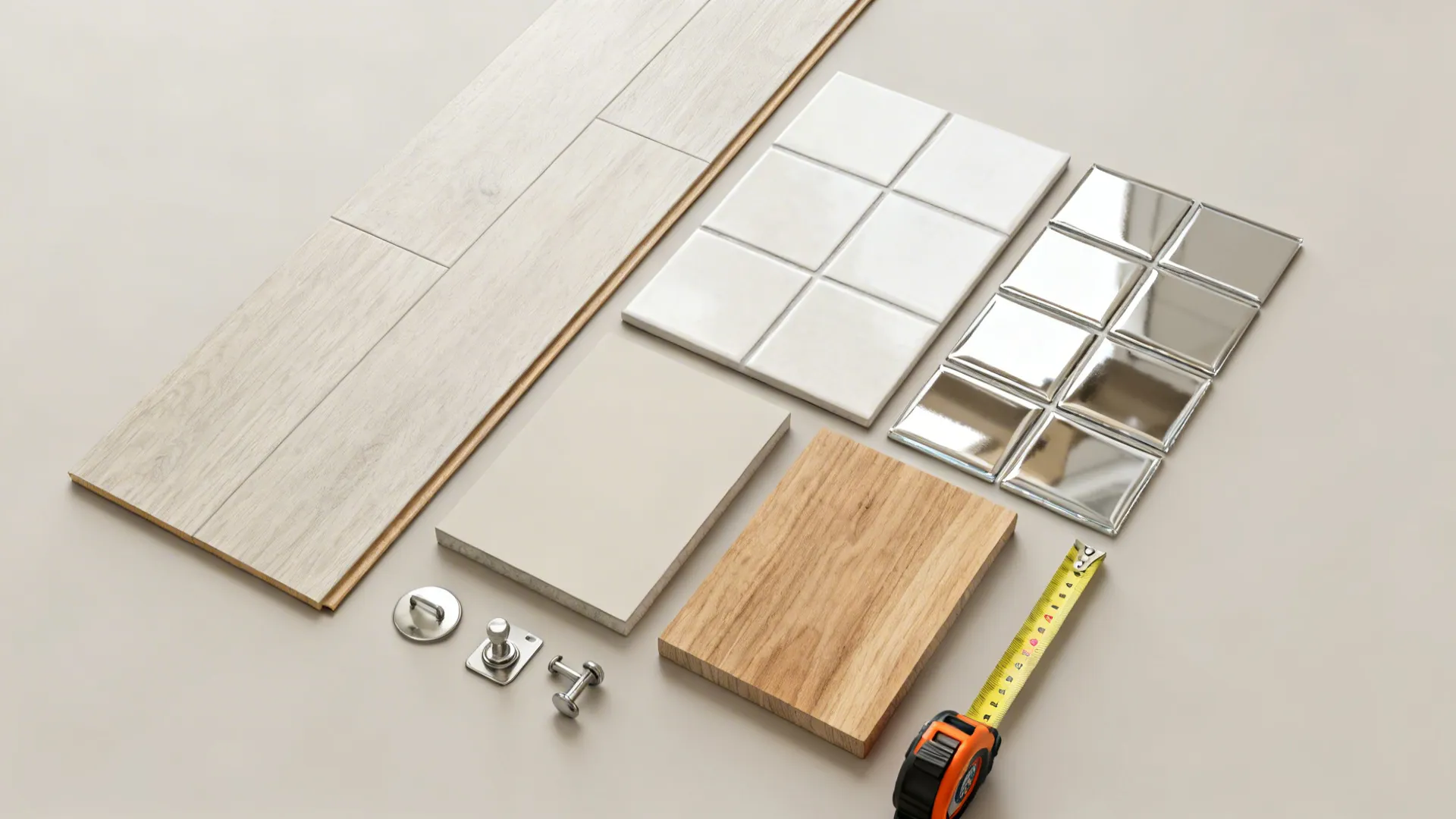 Flatlay of material samples for a small kitchen: flooring, cabinet paint, backsplash, and hardware