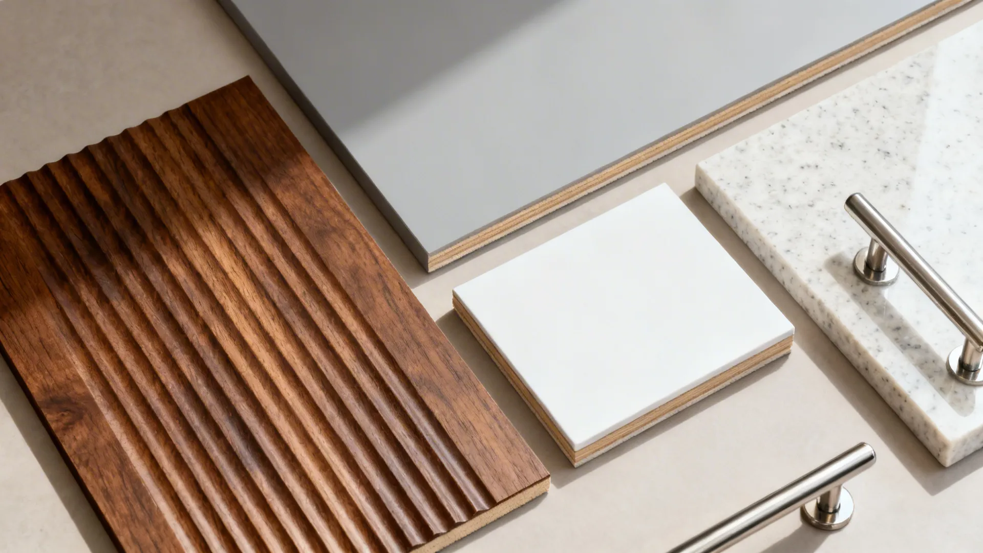Flatlay of wood-look laminate, grey and white samples, quartz, and stainless hardware.