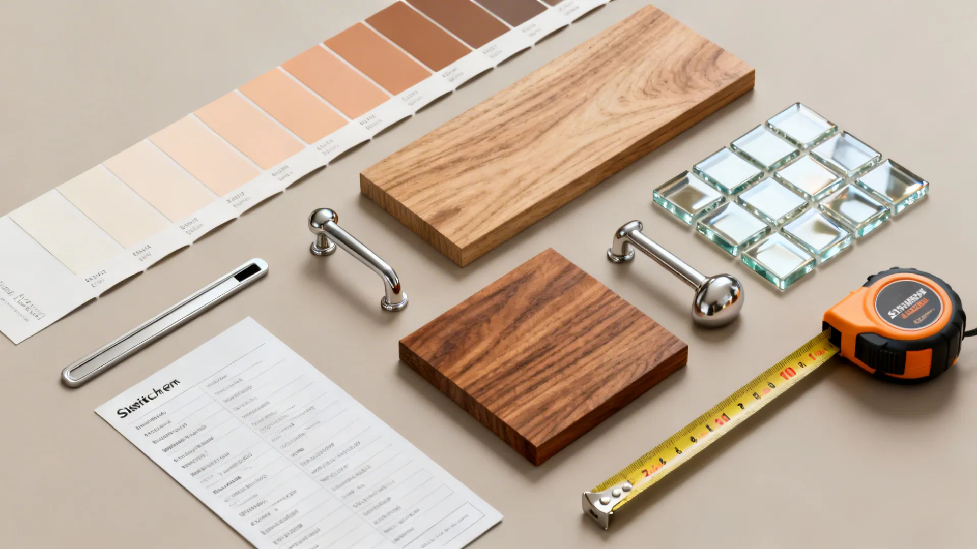 Flatlay of paint swatches, wood samples, hardware and tile representing a light-first small kitchen palette.