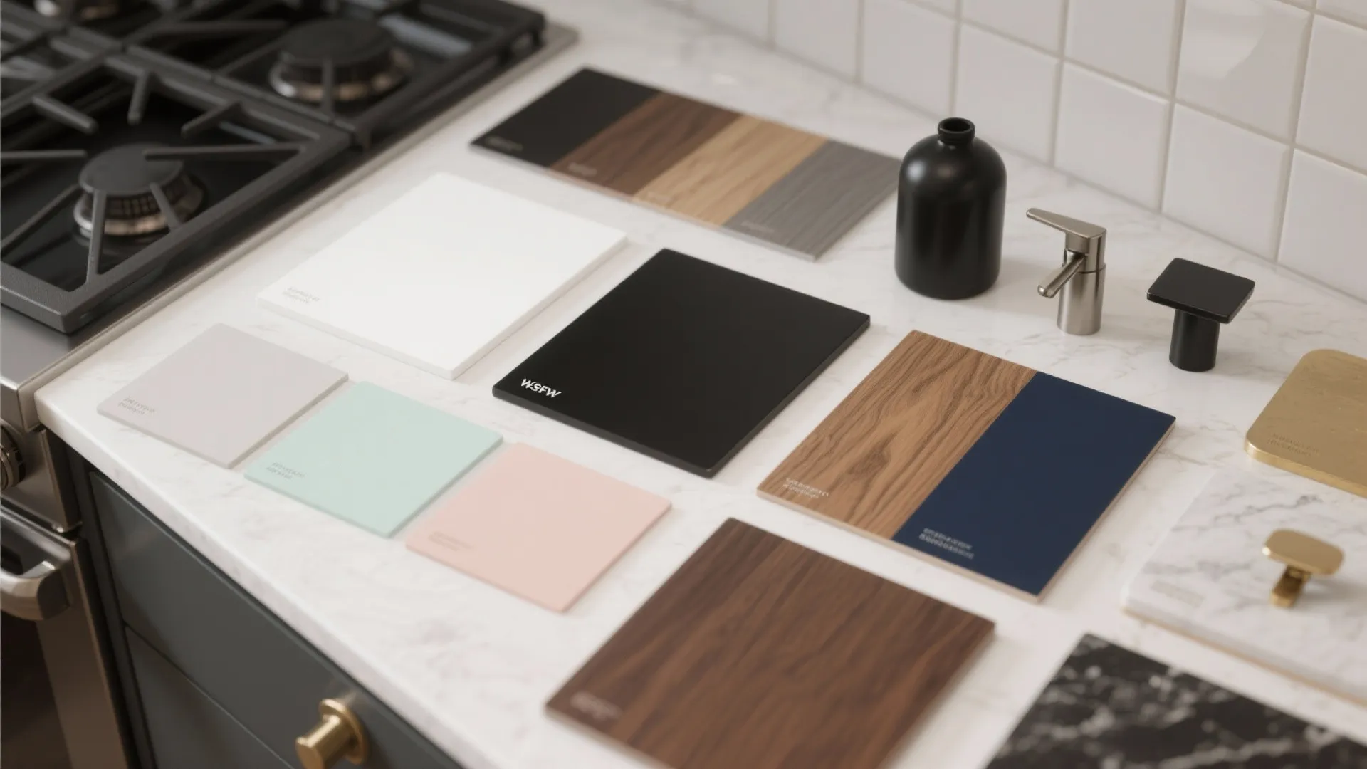 Various kitchen material samples including wood tiles and solid colors placed on a white marble countertop