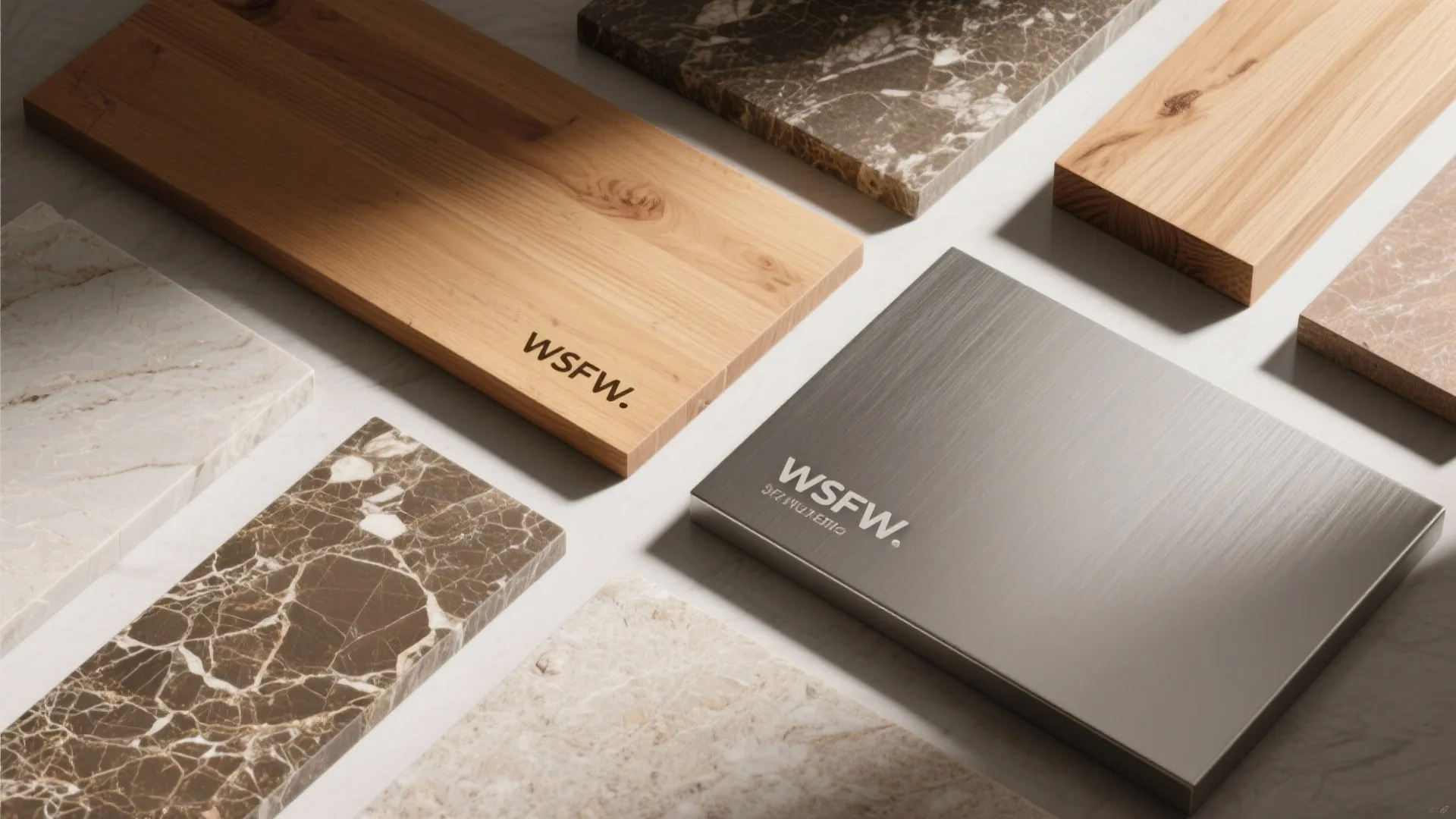 Variety of kitchen renovation material samples including wood planks marble tiles and grey metal board