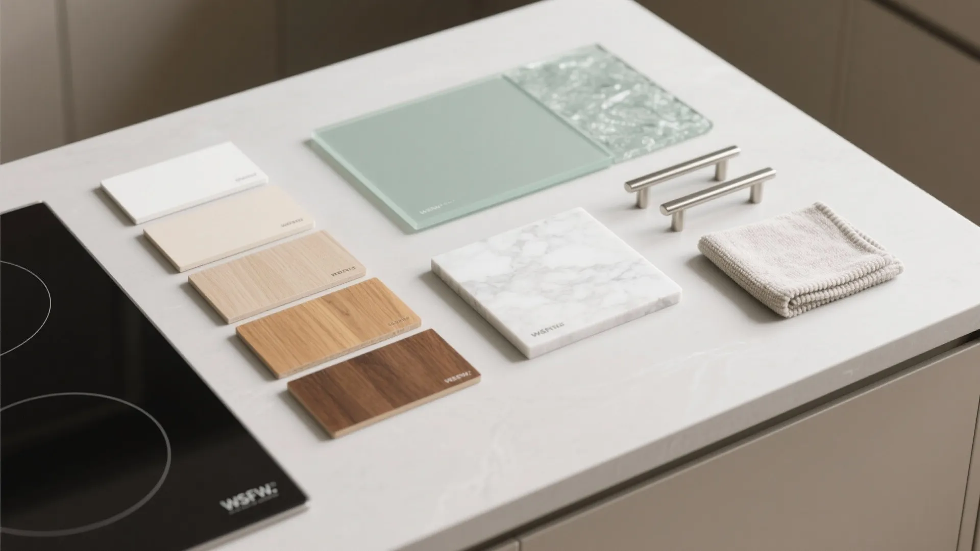 Kitchen material samples including wood tiles marble slab glass panels metal handles and a small cloth