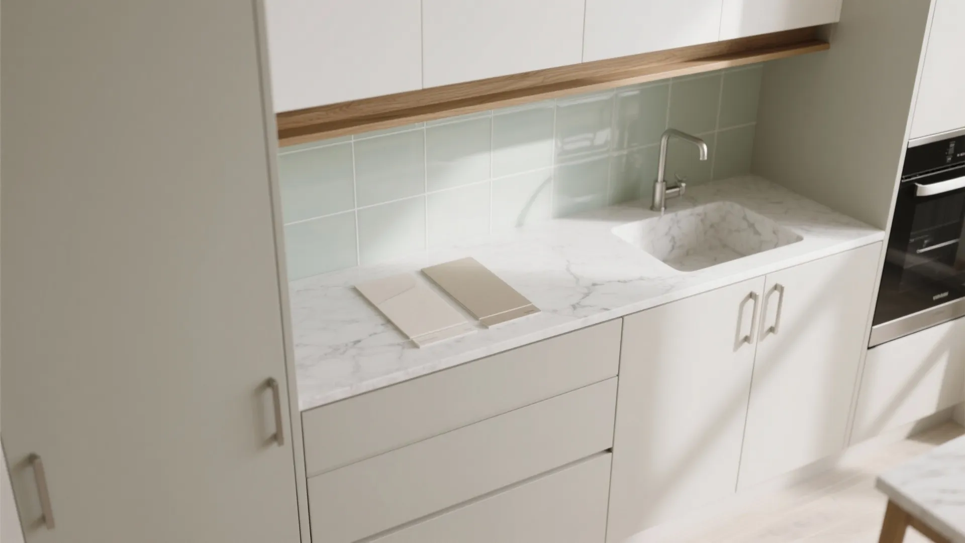 Minimalist kitchen storage in a compact 2 BHK