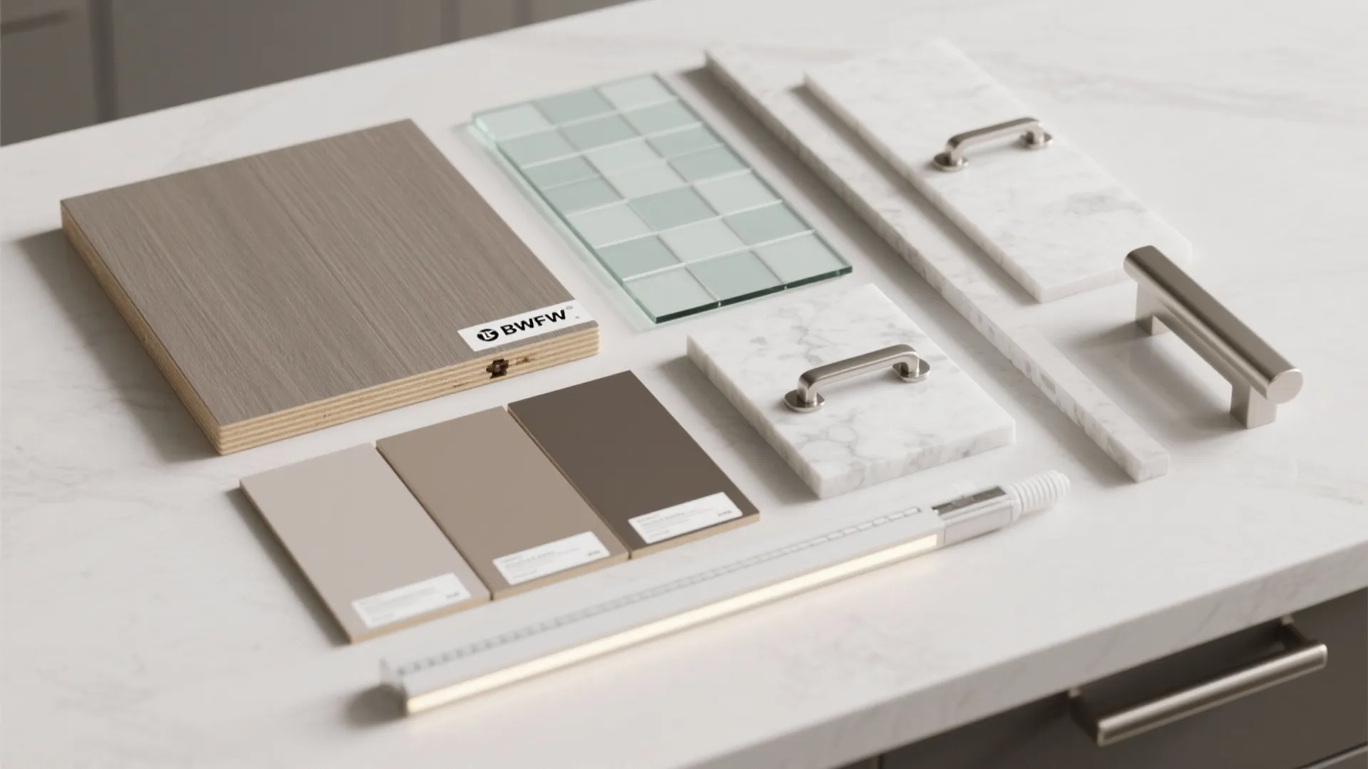 Kitchen material flat lay with laminates, quartz, hardware, and LED strip.