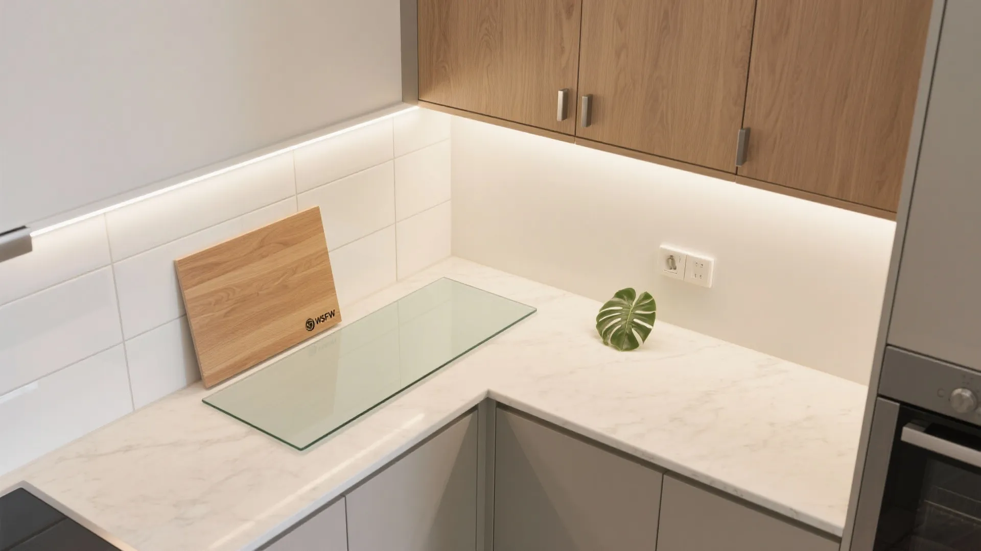 Modern kitchen corner with white marble countertop wooden wall cabinet and bright under cabinet light