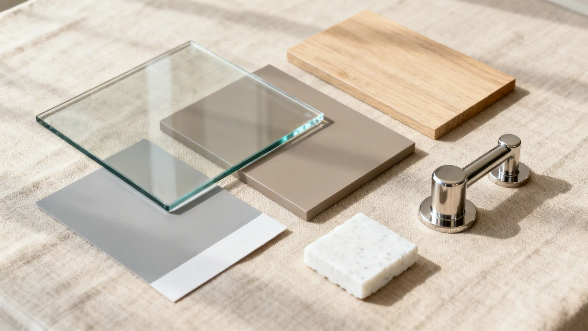Flat lay of low-iron glass, gray paint, taupe laminate, ash wood, quartz, and nickel hardware.