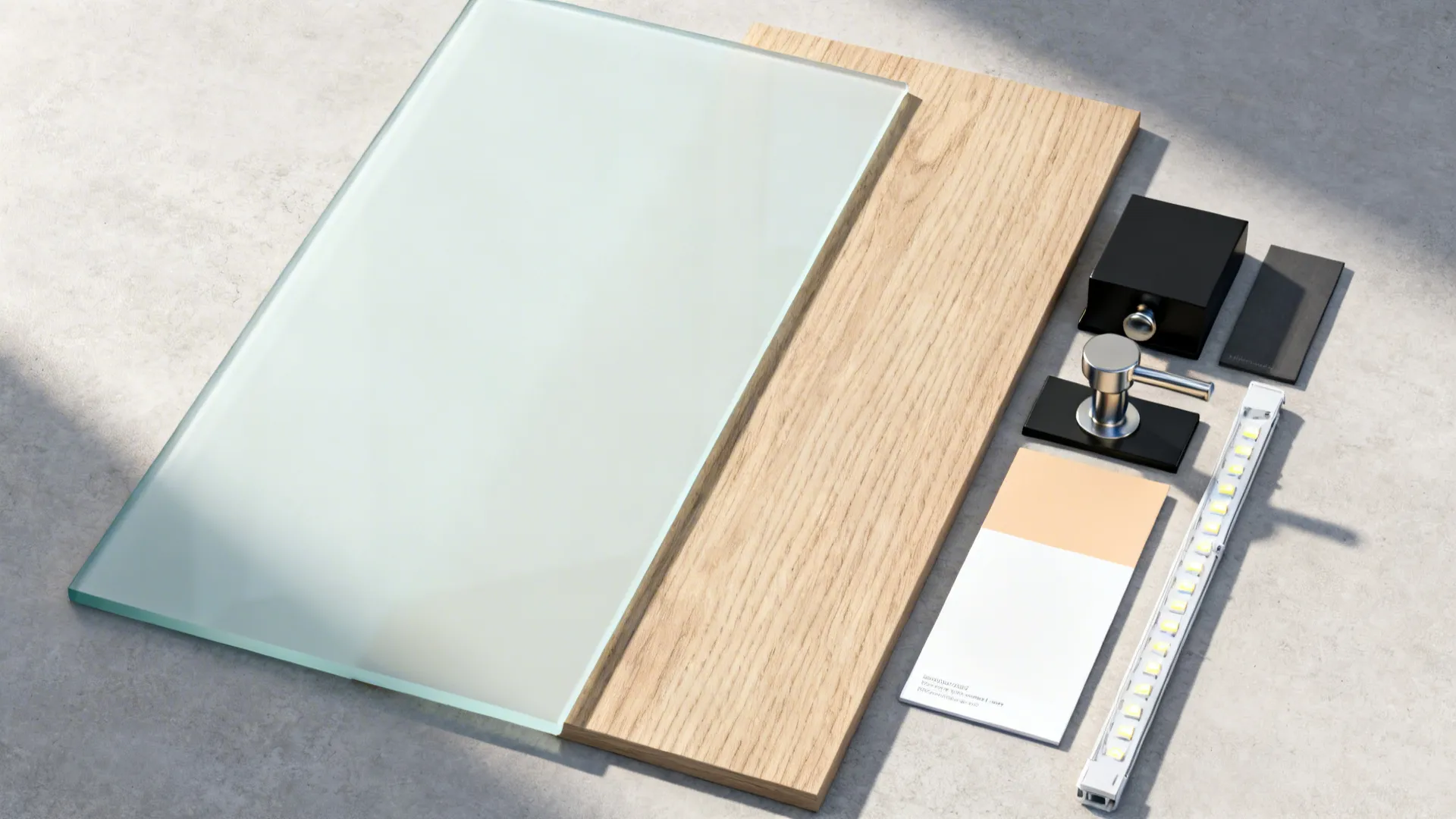 Flat lay of pale glass, oak veneer, matte hardware, paint swatch, and LED strip.